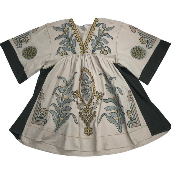 Veveret Flowy Boho Embroidered Mini Dress Boxy Oversized Khaki Green Size S - Picture 2 of 15